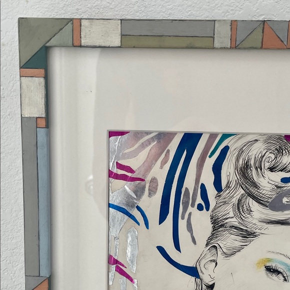 ORIGINAL FRAMED ART Metallic & Ink Graphic Illustration Drawing of Fashion Model - Picture 12 of 13